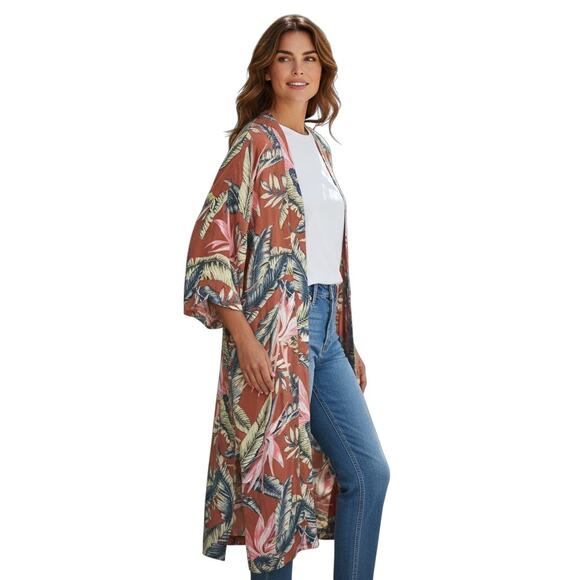 Loft Women’s Tangerine Floral Kimono Duster Long Sleeve Flowy Modal M/L - Picture 1 of 10